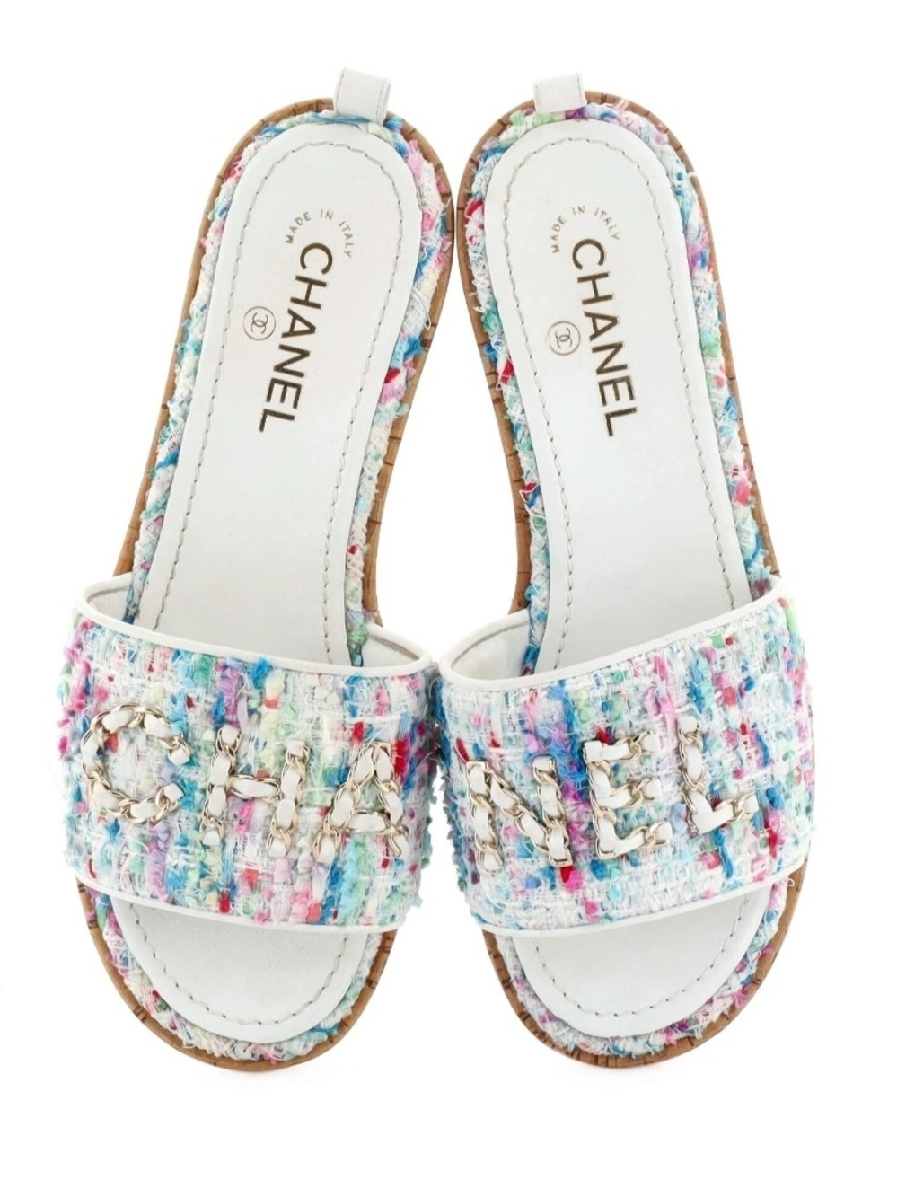 ⭐️CHANEL⭐️Multicolor Tweed Slide Mules with Gold Chain Logo